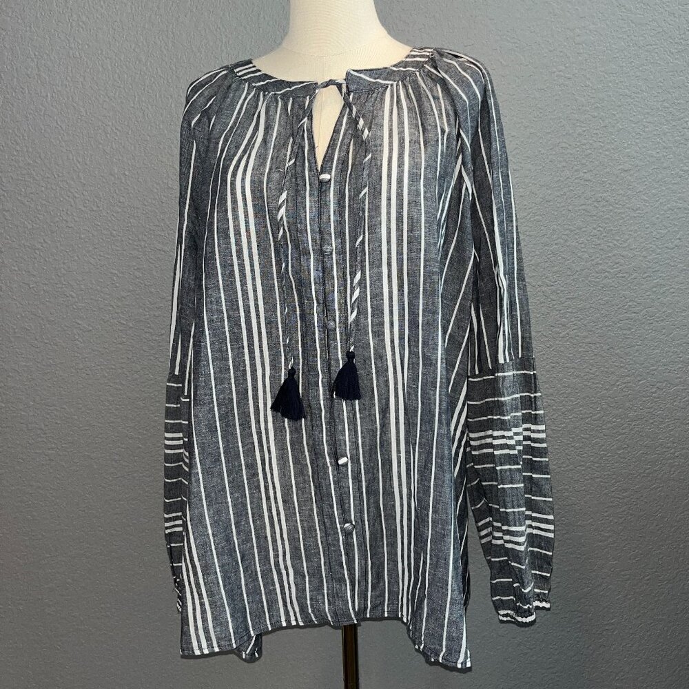 LANE BRYANT Long Balloon Sleeve Peasant Blouse - Linen Blend -Black & White - 26